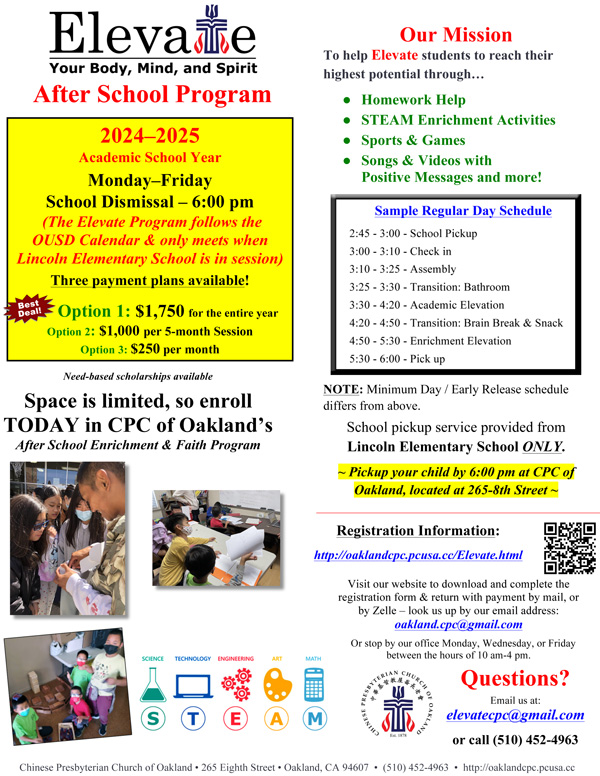 Elevate After School Enrichment and Faith Program flyer