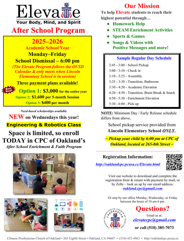 Elevate After School Enrichment and Faith Program flyer